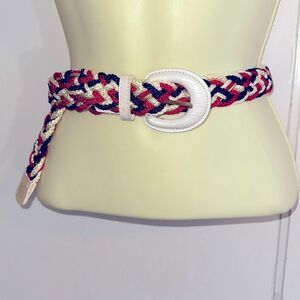 Vintage 70s red, white, navy blue &‎ gold woven nylon cord belt